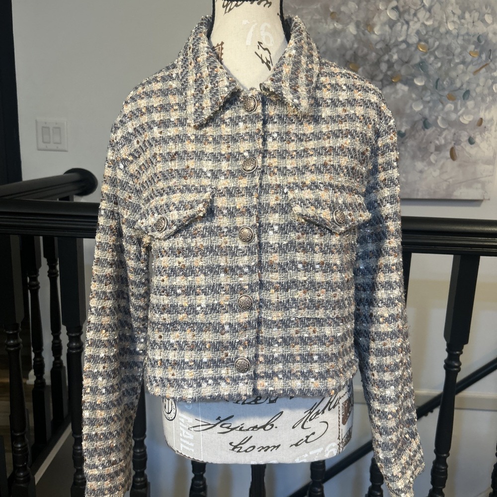 St‎ John jacket cardigan Gray/peach/copper tweed  S blazer novelty New